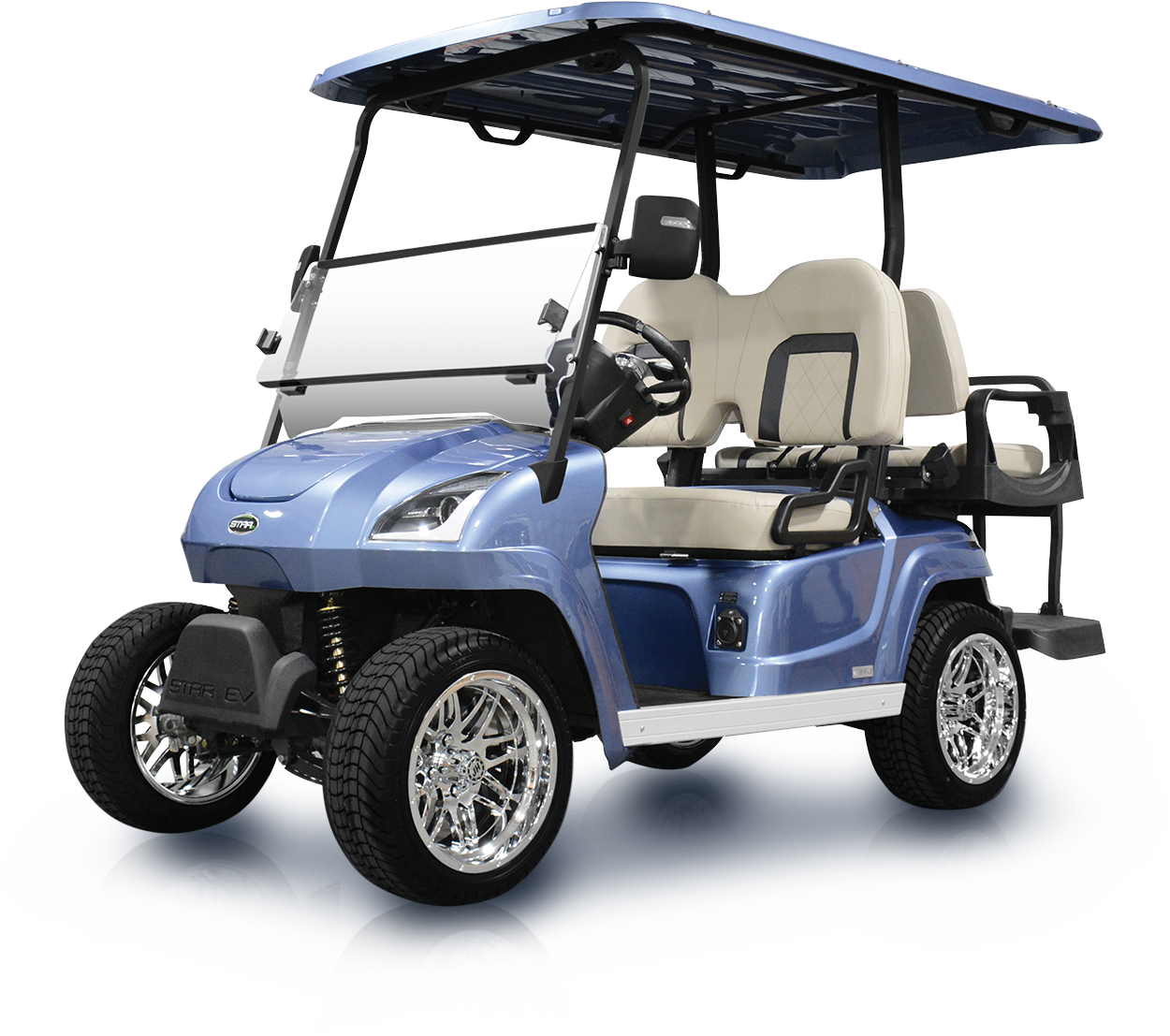 Diverse collection of golf cart wheels and tires from Star electric golf carts, showcasing high-quality designs.